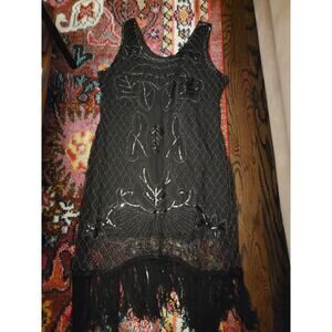 Unique Vintage Black Sequin Fringe Flapper Dress XL Gatsby 1920s Style